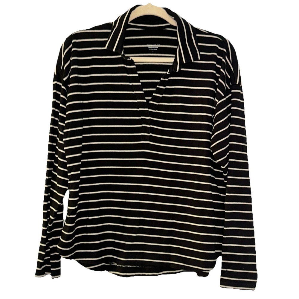 Garnet Hill Vintage Knit Polo Top Womens Large Black Ivory Stripe Organic Cotton